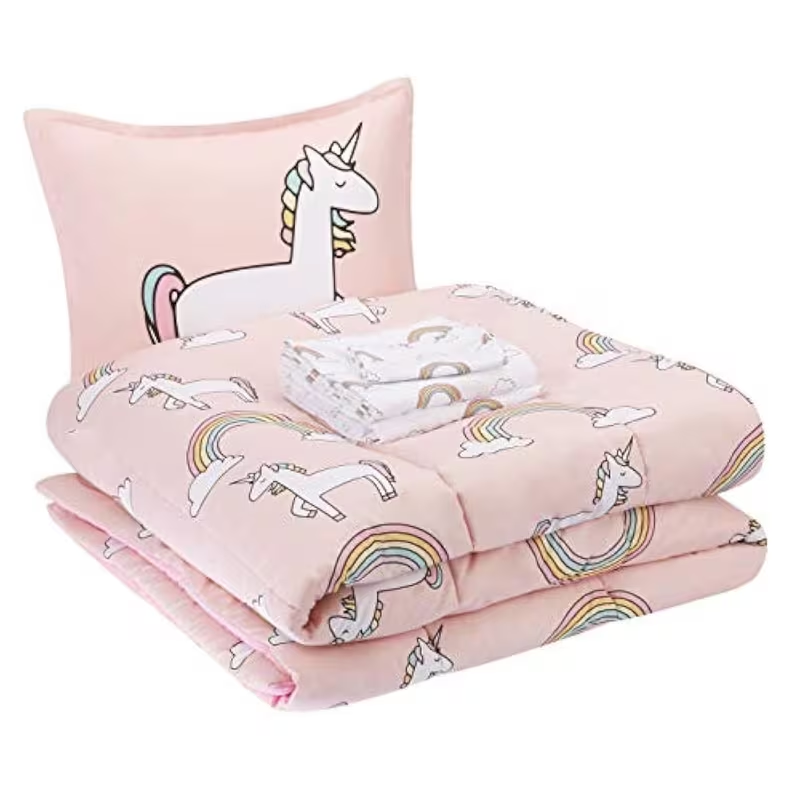 5-Piece Kids Unicorn Rainbow Comforter Bedding Set – Soft Microfiber Bed Set for Twin Bed, Pink Cartoon Unicorn Theme