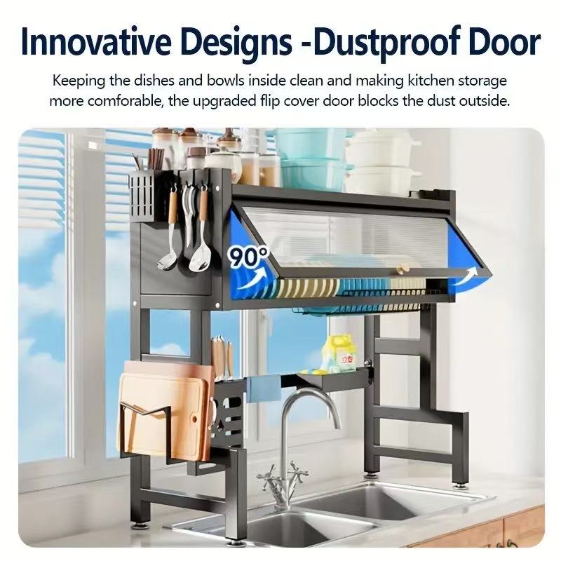 Over The Sink Dish Drying Rack, 2 Tier Adjustable Kitchen Dish Drainer, Home Storage Organizer Shelf Above Counter with Hooks(Color : Black, Size : 108x30x80cm)