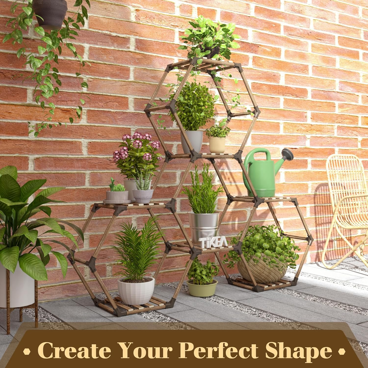 Tikea Plant Stand Indoor Outdoor Hexagonal Plant Stand for Multiple Plants Indoor Large Wooden Plant Shelf 7 Tiered Creative DIY Flowers Stand Rack for Living Room Balcony Patio Window