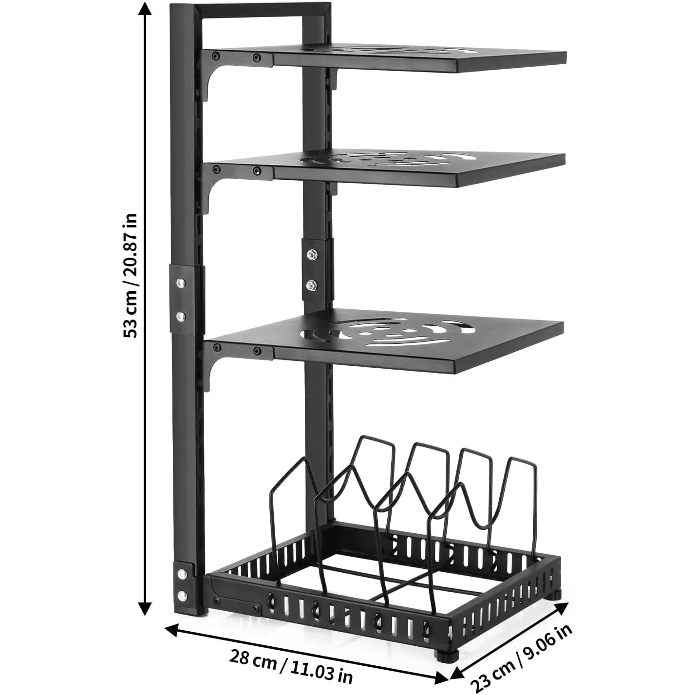 Pot Rack Organizers:4-Tier Adjustable Heavy Duty Pan Organizer for Cabinet ，Multiple Use Modes，Pot Rack & Pan Rack for Kitchen Counter and Cabinet