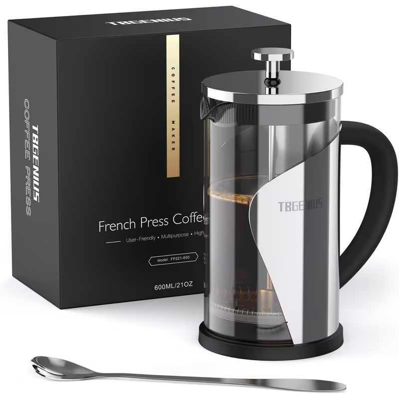 600ML French Press Coffee Maker – Stainless Steel & Glass Coffee Press with 4-Level Filtration for Coffee & Tea