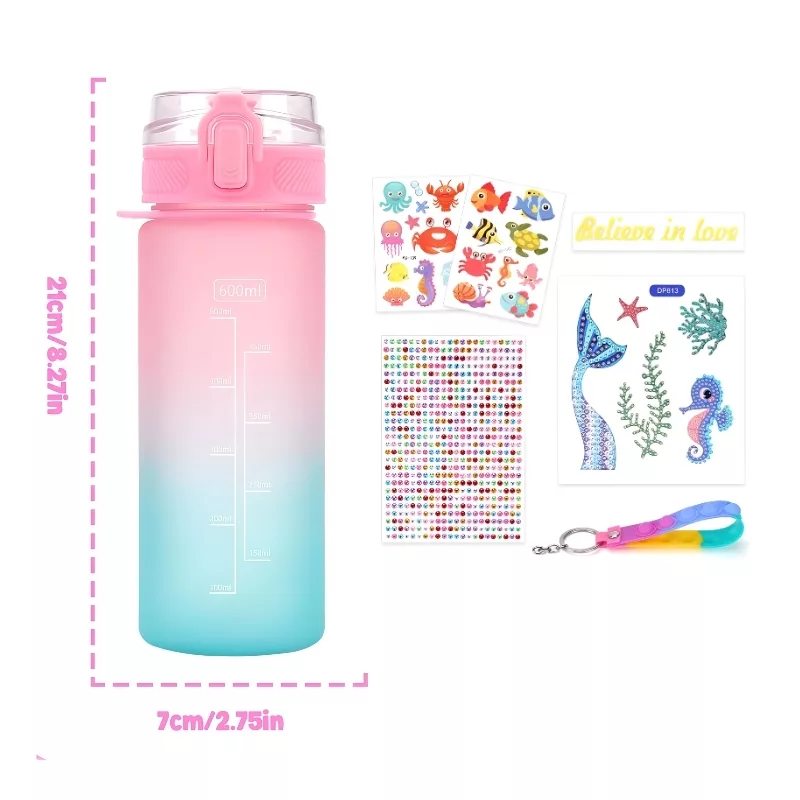 Decorate Your Own Water Bottle Kit for Kids – DIY Craft Bottle with Stickers & Gems, Mermaid / Unicorn Design, 600ml