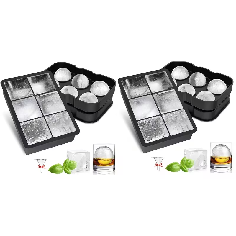 Large Ice Cube Tray Set with Lid – Sphere & Square Ice Ball Mold for Whiskey, Cocktails & Drinks (BPA Free Silicone Ice Mold)