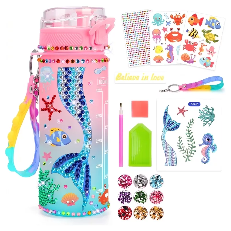 Decorate Your Own Water Bottle Kit for Kids – DIY Craft Bottle with Stickers & Gems, Mermaid / Unicorn Design, 600ml