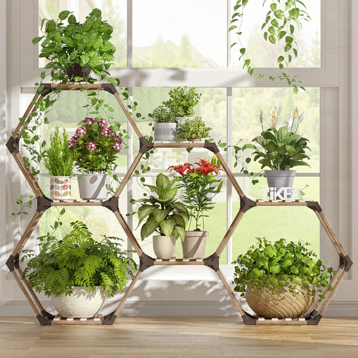 Tikea Plant Stand Indoor Outdoor Hexagonal Plant Stand for Multiple Plants Indoor Large Wooden Plant Shelf 7 Tiered Creative DIY Flowers Stand Rack for Living Room Balcony Patio Window