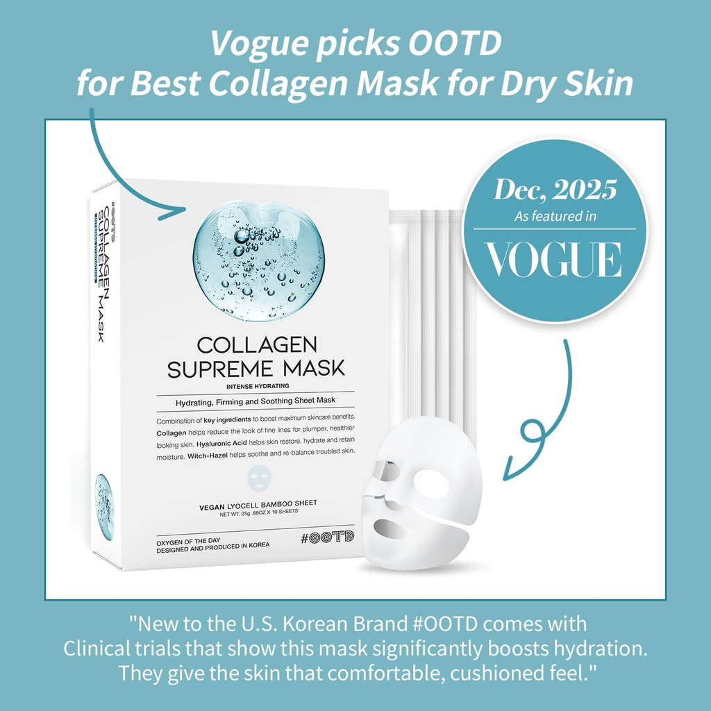 #OOTD Collagen Hydrating Sheet Masks for Face Korean Anti Aging Mask Sheet for Dry Skin & Sensitive Skin, EVE Vegan, Not Tested on Animals, No Parabens, No Sulfates, Hyaluronic Acid, Witch Hazel 10EA
