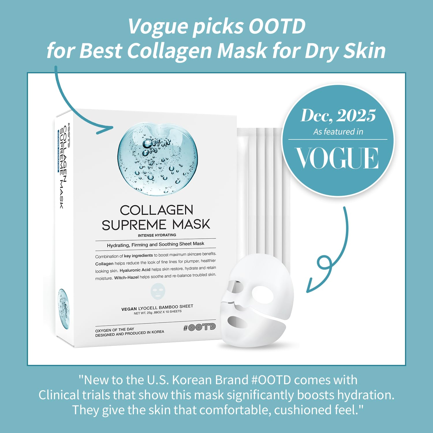 #OOTD Collagen Hydrating Sheet Masks for Face Korean Anti Aging Mask Sheet for Dry Skin & Sensitive Skin, EVE Vegan, Not Tested on Animals, No Parabens, No Sulfates, Hyaluronic Acid, Witch Hazel 10EA