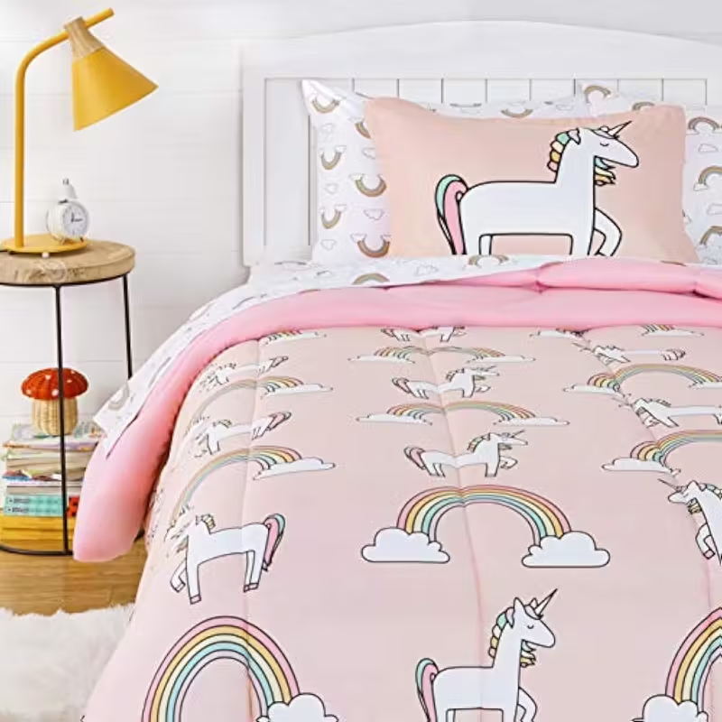5-Piece Kids Unicorn Rainbow Comforter Bedding Set – Soft Microfiber Bed Set for Twin Bed, Pink Cartoon Unicorn Theme
