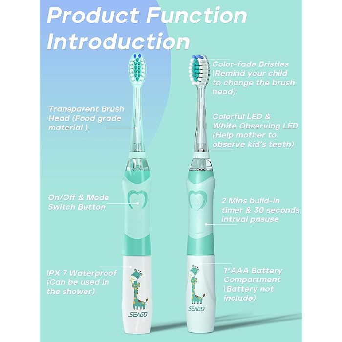 SEAGO Kids Electric Toothbrush with LED Rainbow Light