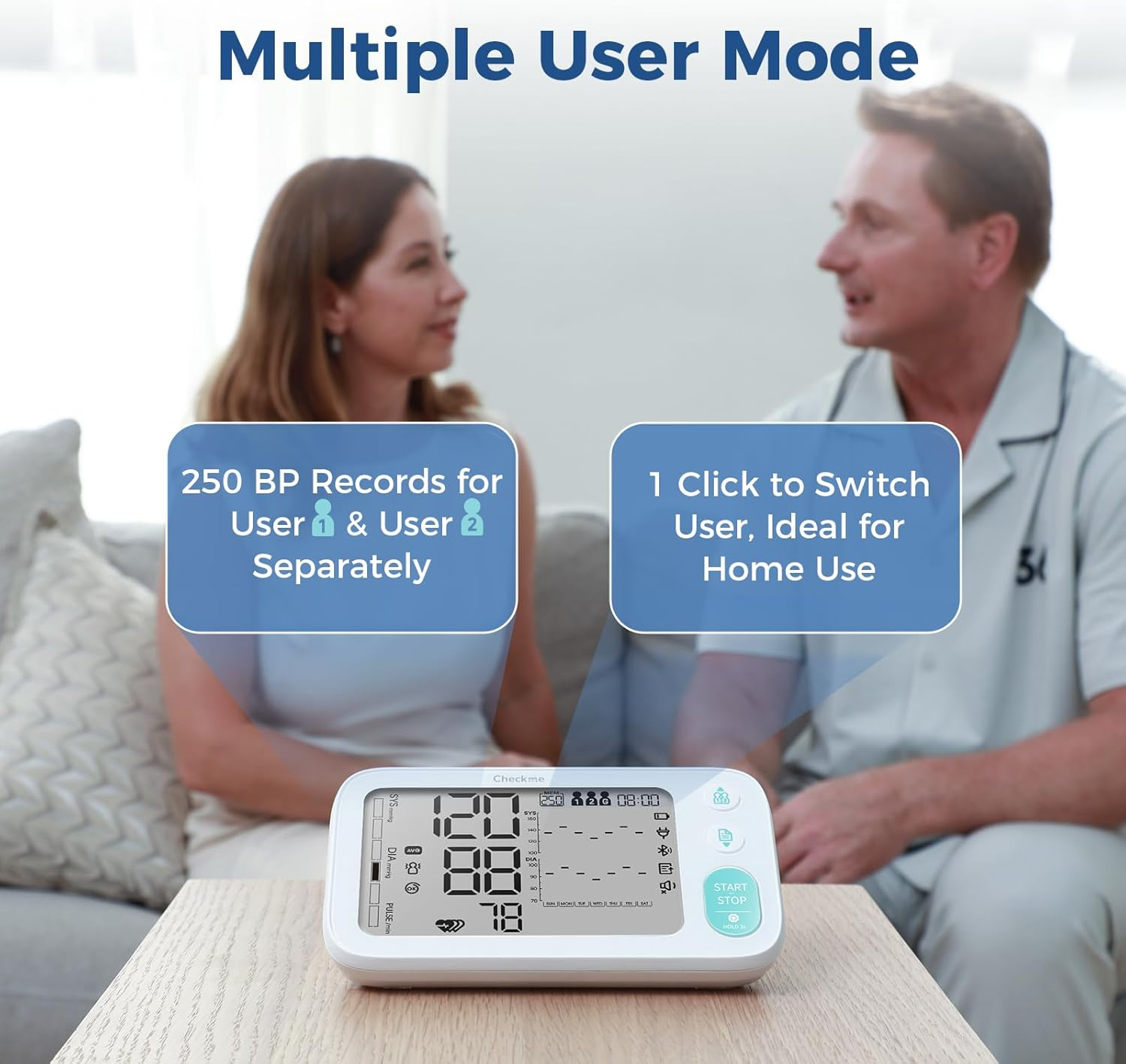 Checkme Blood Pressure Machine for Home Use include Pregnant Women & Diabetics, Bluetooth BP Monitor Arm Cuff XL 22-45cm, Large Screen w Dual Display, 500 Storage Total, Voice Broadcast, Work with APP