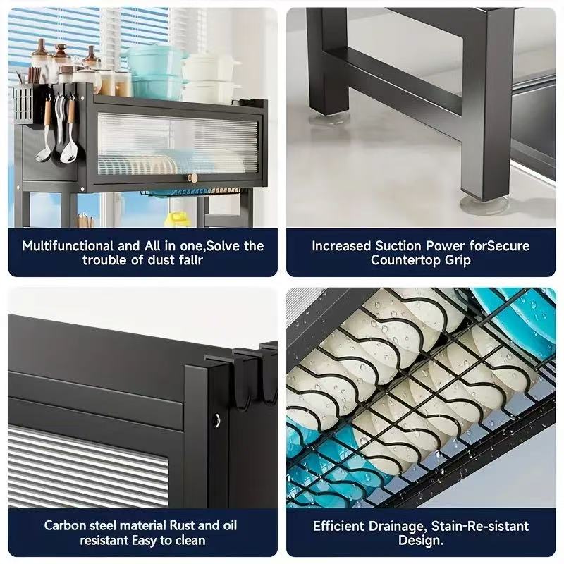 Over The Sink Dish Drying Rack, 2 Tier Adjustable Kitchen Dish Drainer, Home Storage Organizer Shelf Above Counter with Hooks(Color : Black, Size : 108x30x80cm)