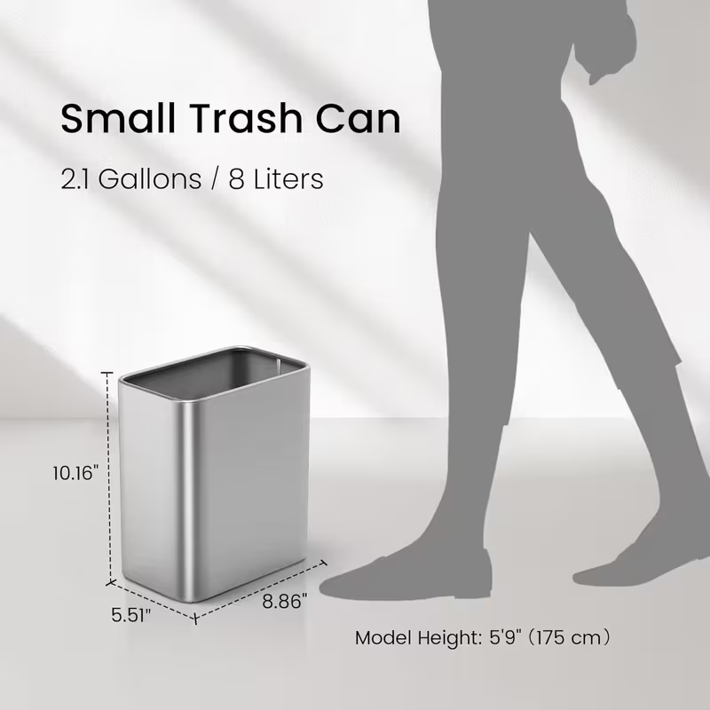 Modern Stainless Steel Bathroom Trash Can – Small Metal Waste Basket for Bedroom, Office, Kitchen (Silver / White)
