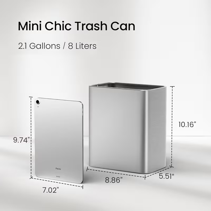 Modern Stainless Steel Bathroom Trash Can – Small Metal Waste Basket for Bedroom, Office, Kitchen (Silver / White)