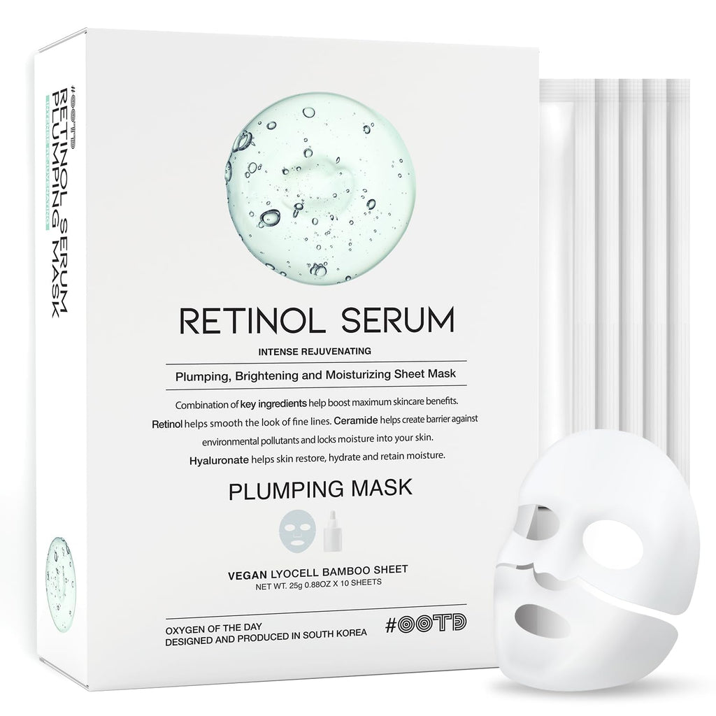 Rejuvenating Retinol Sheet Mask Korean Vegan Wrinkle Lifting, Plumping and Moisturizing Sheet Mask, Retinol, Ceramide, Hyaluronate 10EA