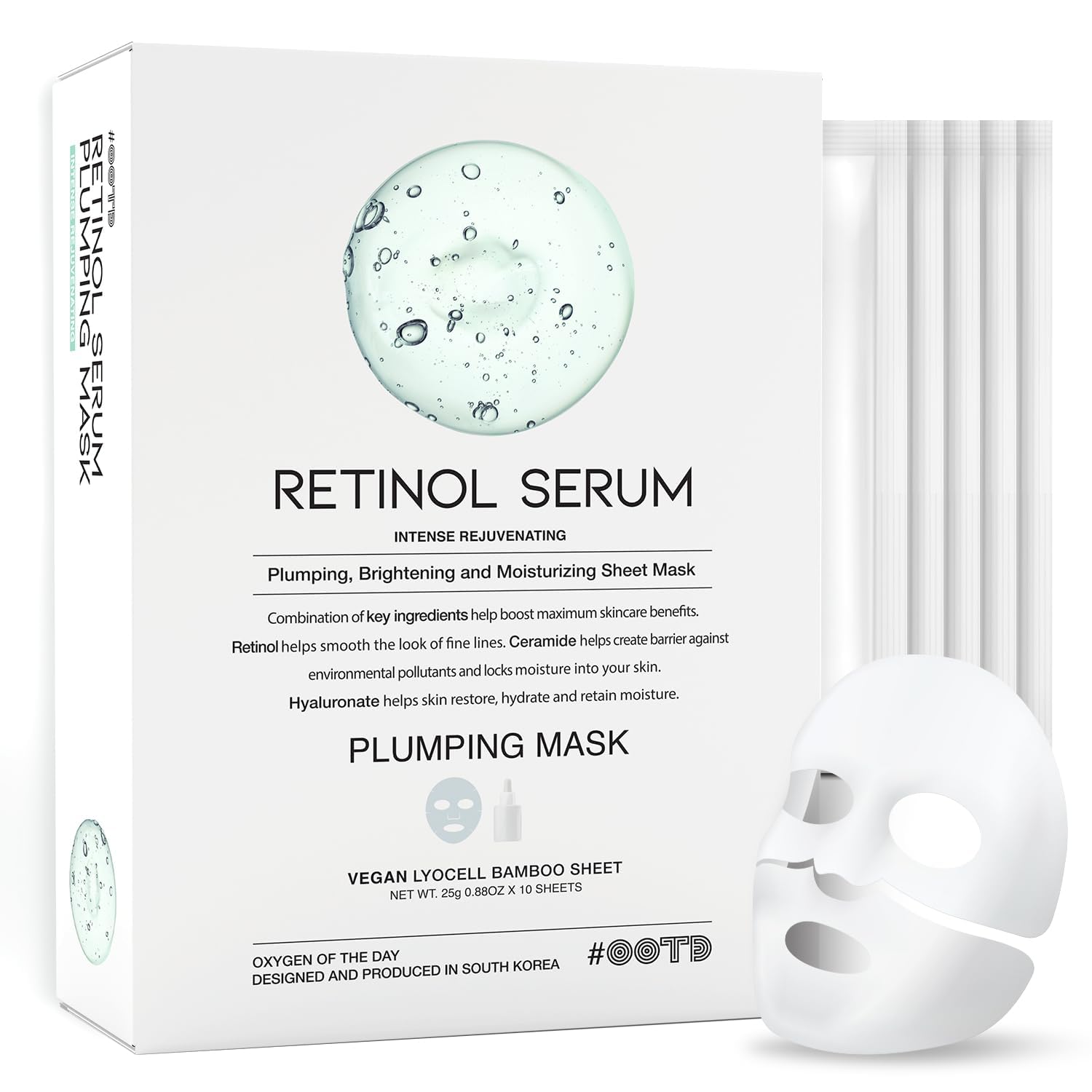 Rejuvenating Retinol Sheet Mask Korean Vegan Wrinkle Lifting, Plumping and Moisturizing Sheet Mask, Retinol, Ceramide, Hyaluronate 10EA