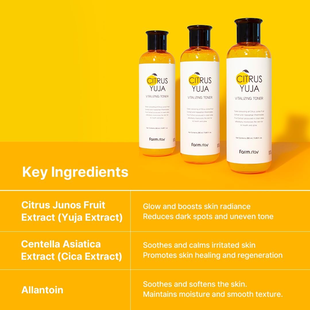 Farmstay Citrus Yuja Vitalizing Toner – Vitamin C Facial Toner for Dry & Sensitive Skin, Dark Spot Correcting, Moisturizing & pH-Balancing, Smoothing, Korean Skin Care, for Women & Men, 9.46 fl. oz.