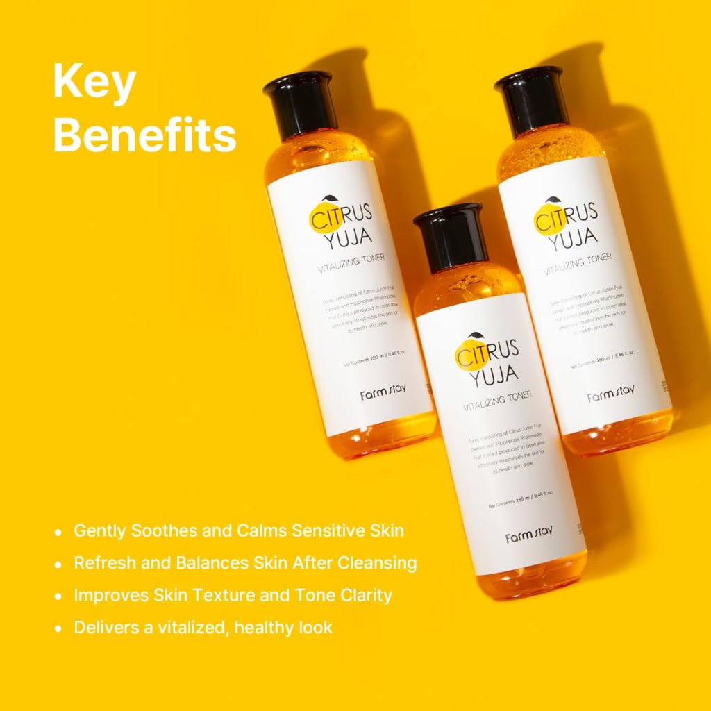 Farmstay Citrus Yuja Vitalizing Toner – Vitamin C Facial Toner for Dry & Sensitive Skin, Dark Spot Correcting, Moisturizing & pH-Balancing, Smoothing, Korean Skin Care, for Women & Men, 9.46 fl. oz.