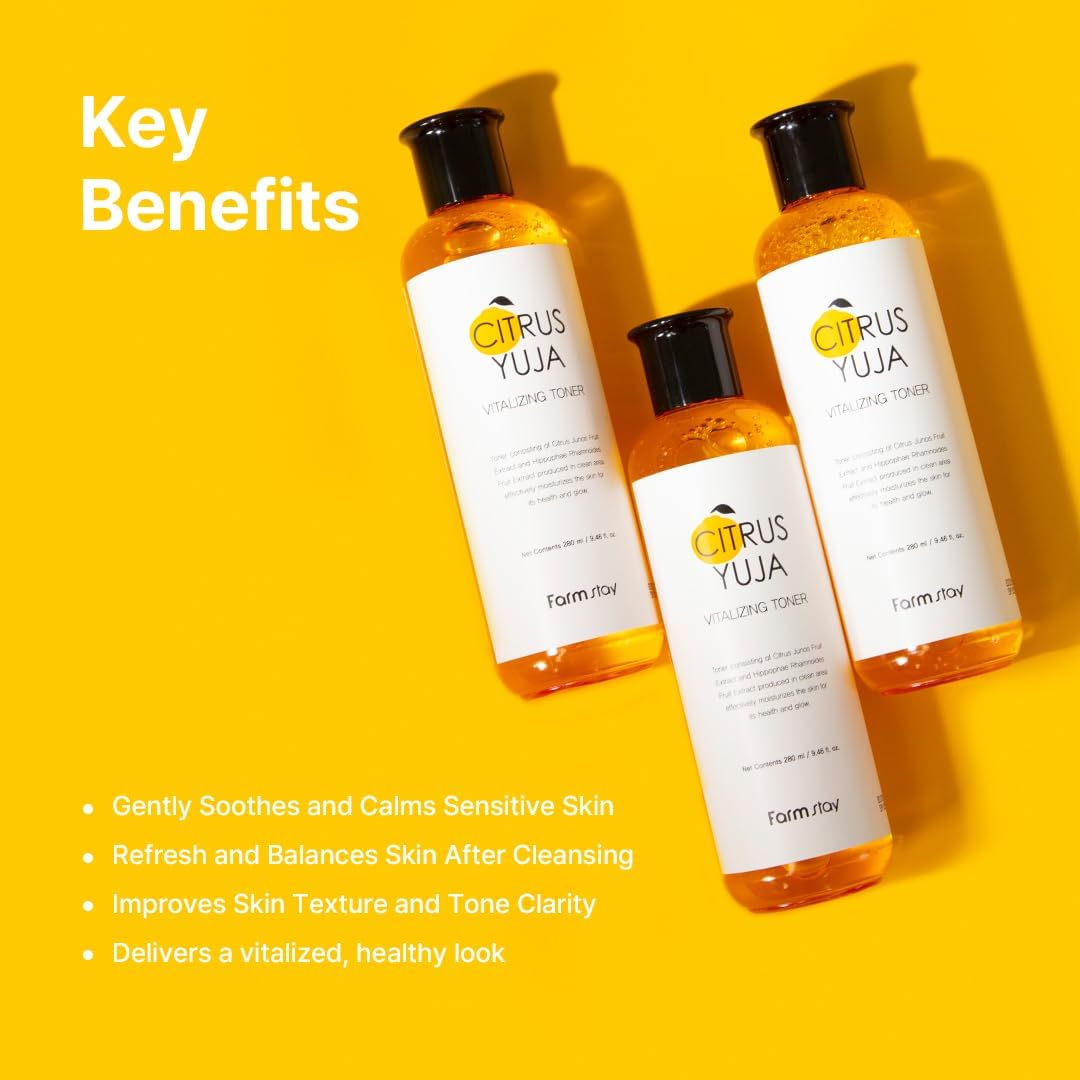 Farmstay Citrus Yuja Vitalizing Toner – Vitamin C Facial Toner for Dry & Sensitive Skin, Dark Spot Correcting, Moisturizing & pH-Balancing, Smoothing, Korean Skin Care, for Women & Men, 9.46 fl. oz.