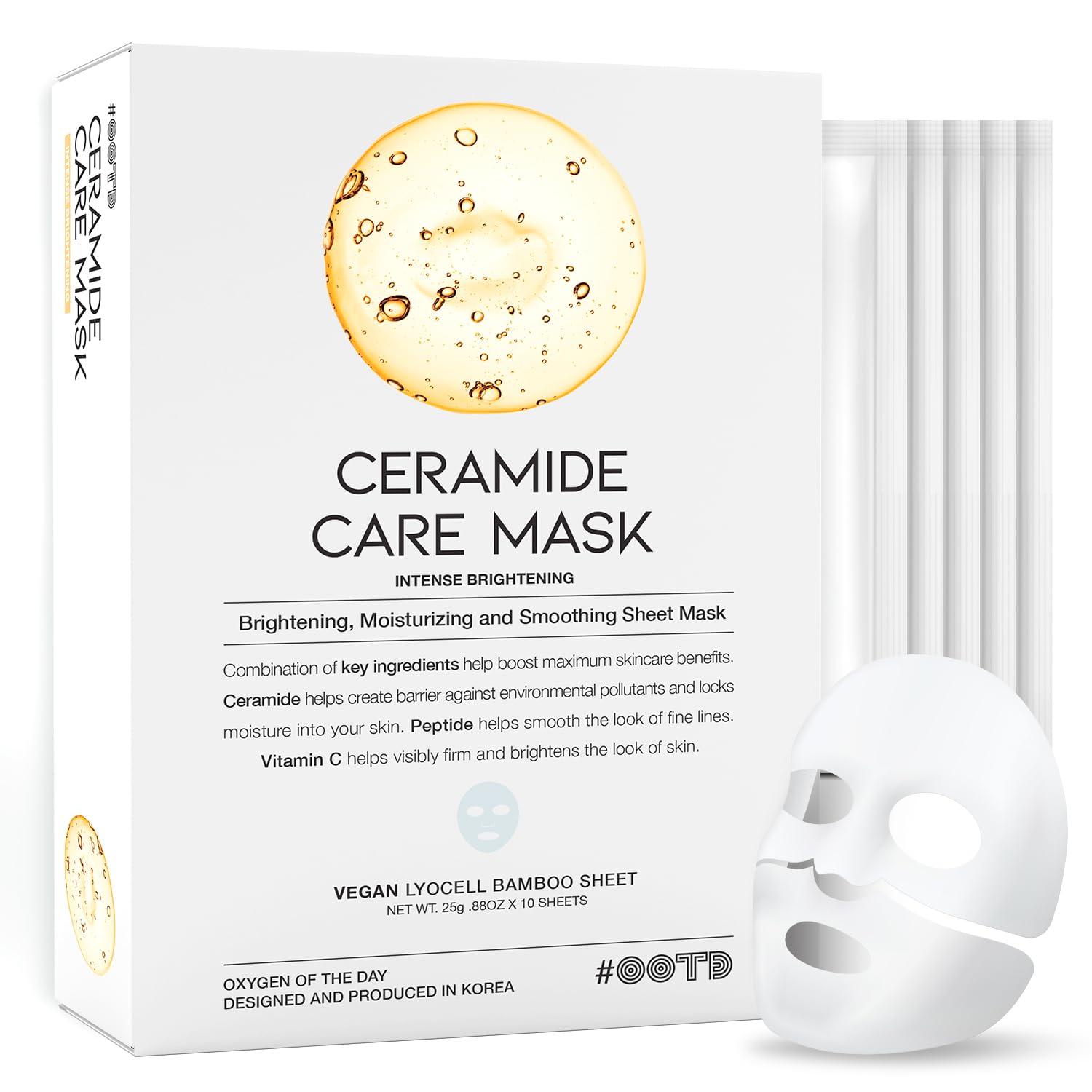 #OOTD Ceramide Brightening Sheet Mask For Face, Moisturizing, Anti Aging Ceramide, Peptide, Vitamin C, EVE Vegan 10EA
