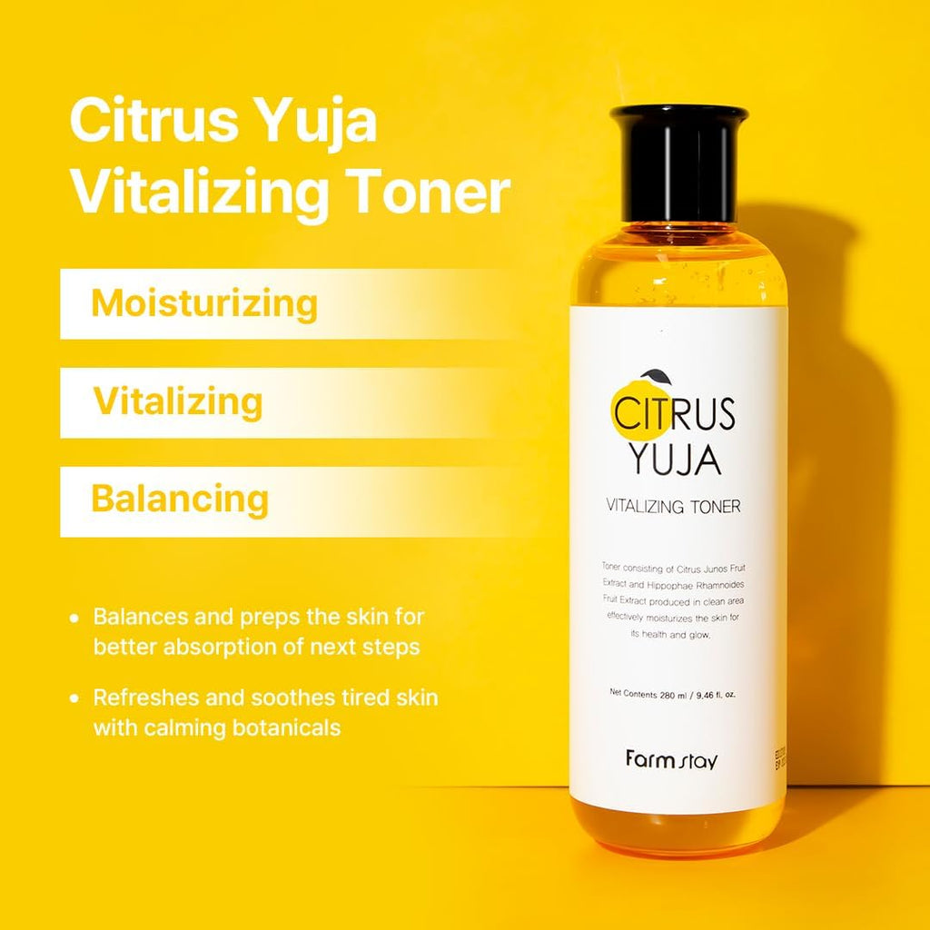 Farmstay Citrus Yuja Vitalizing Toner – Vitamin C Facial Toner for Dry & Sensitive Skin, Dark Spot Correcting, Moisturizing & pH-Balancing, Smoothing, Korean Skin Care, for Women & Men, 9.46 fl. oz.