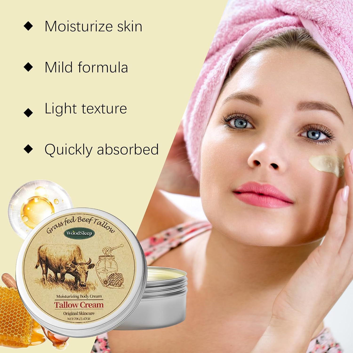 Beef Tallow for Skin, 2.5oz 1Pack Tallow Face Moisturizer, Beef Tallow Balm with Raw Honey Moisturizing Cream for Body Lotion SkinCare
