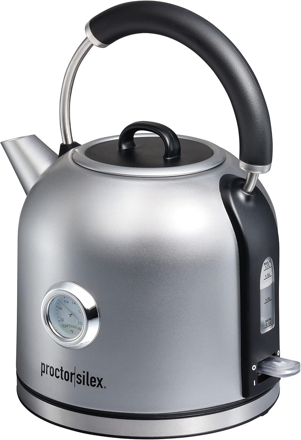 Proctor Silex Electric Dome Kettle, 1.7 Liter Capacity, Temperature Gauge, Stainless Steel, 41035C Grey