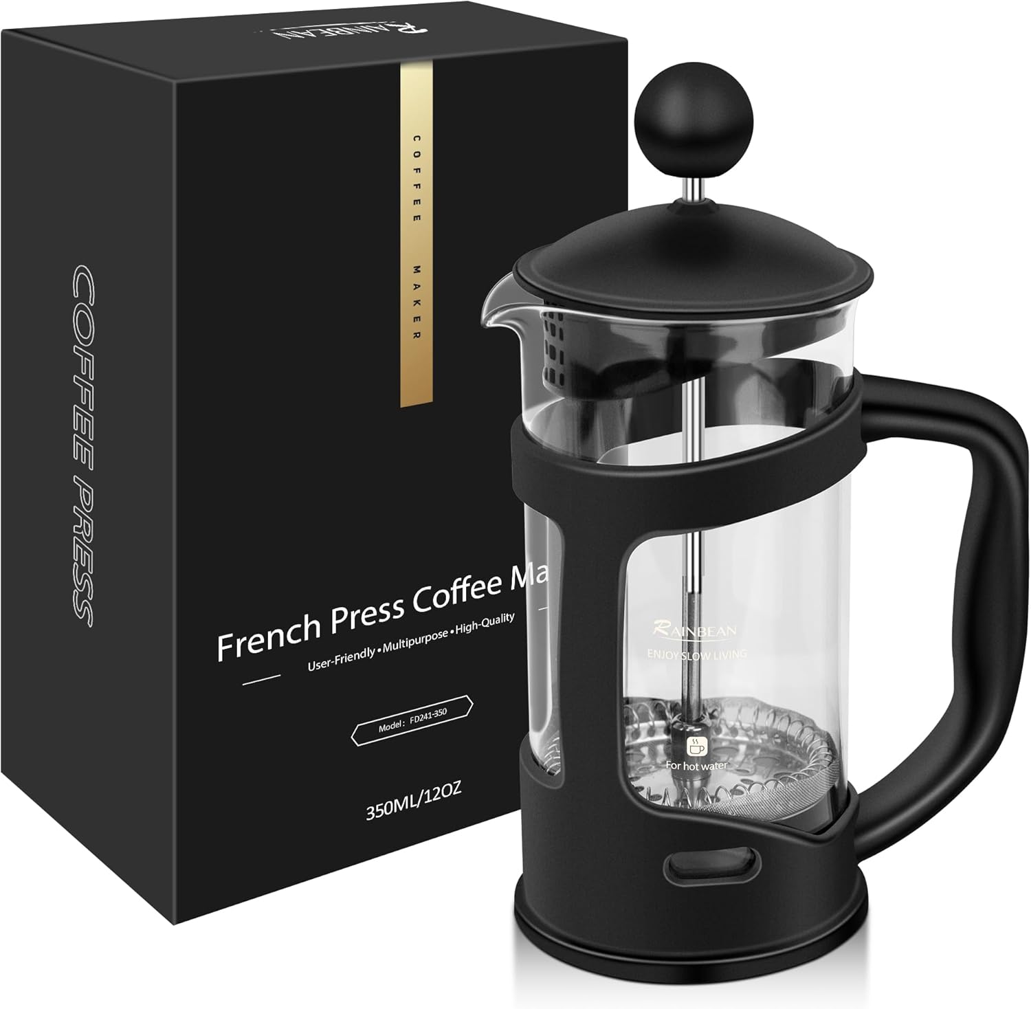 RAINBEAN Mini French Press Coffee Maker 1 Cups, 12oz Coffee Press, Perfect for Coffee Lover Gifts Morning Coffee, Maximum Flavor Coffee Brewer with Stainless Steel Filter, 350ml - Small