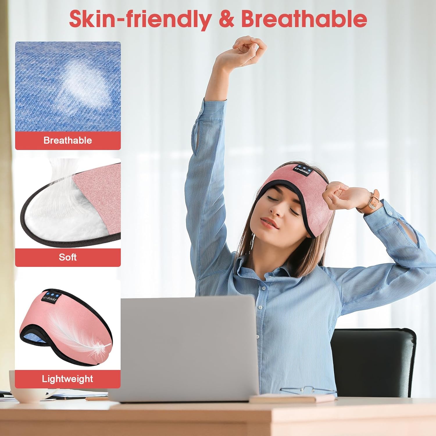 Sleep Headphones Bluetooth 5.4 Eye Mask Sleeping Headphones, Wireless Eye Mask Sleep Earbuds Built-in MIC Women Office Air Travel Cool Tech Gadgets Unique Gifts Pink