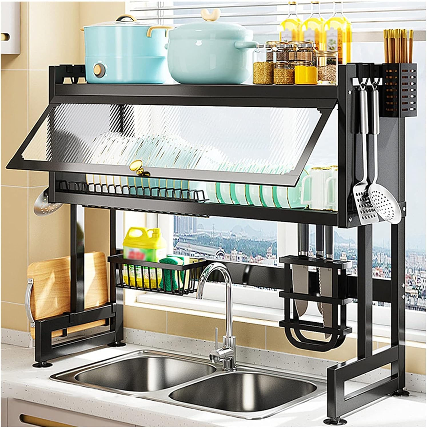 Over The Sink Dish Drying Rack, 2 Tier Adjustable Kitchen Dish Drainer, Home Storage Organizer Shelf Above Counter with Hooks(Color : Black, Size : 108x30x80cm)