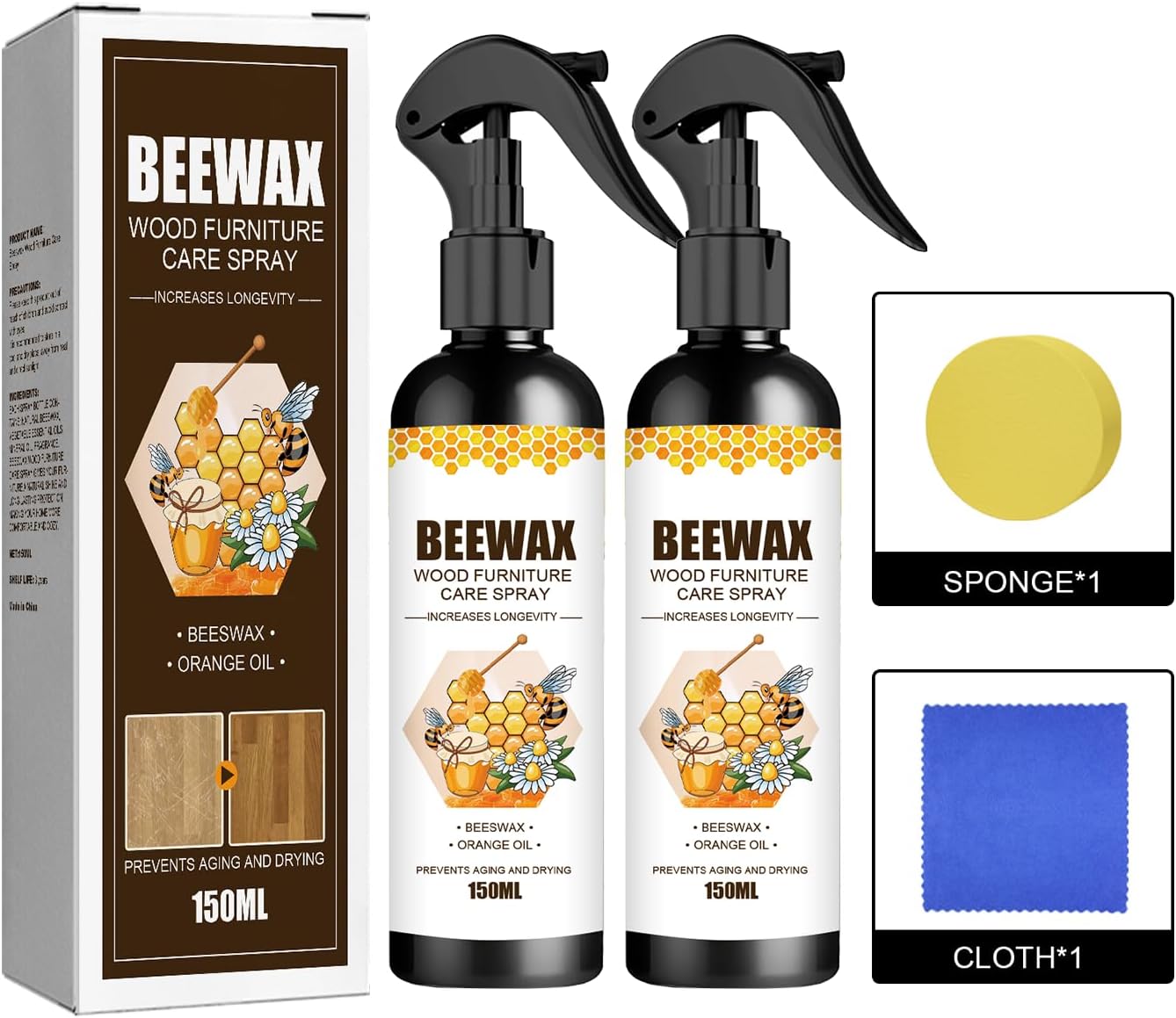 MOODTALK Natural Beeswax Furniture Care Spray, Original Beeswax Cleaner & Polish, 150 mL, Pack of 2