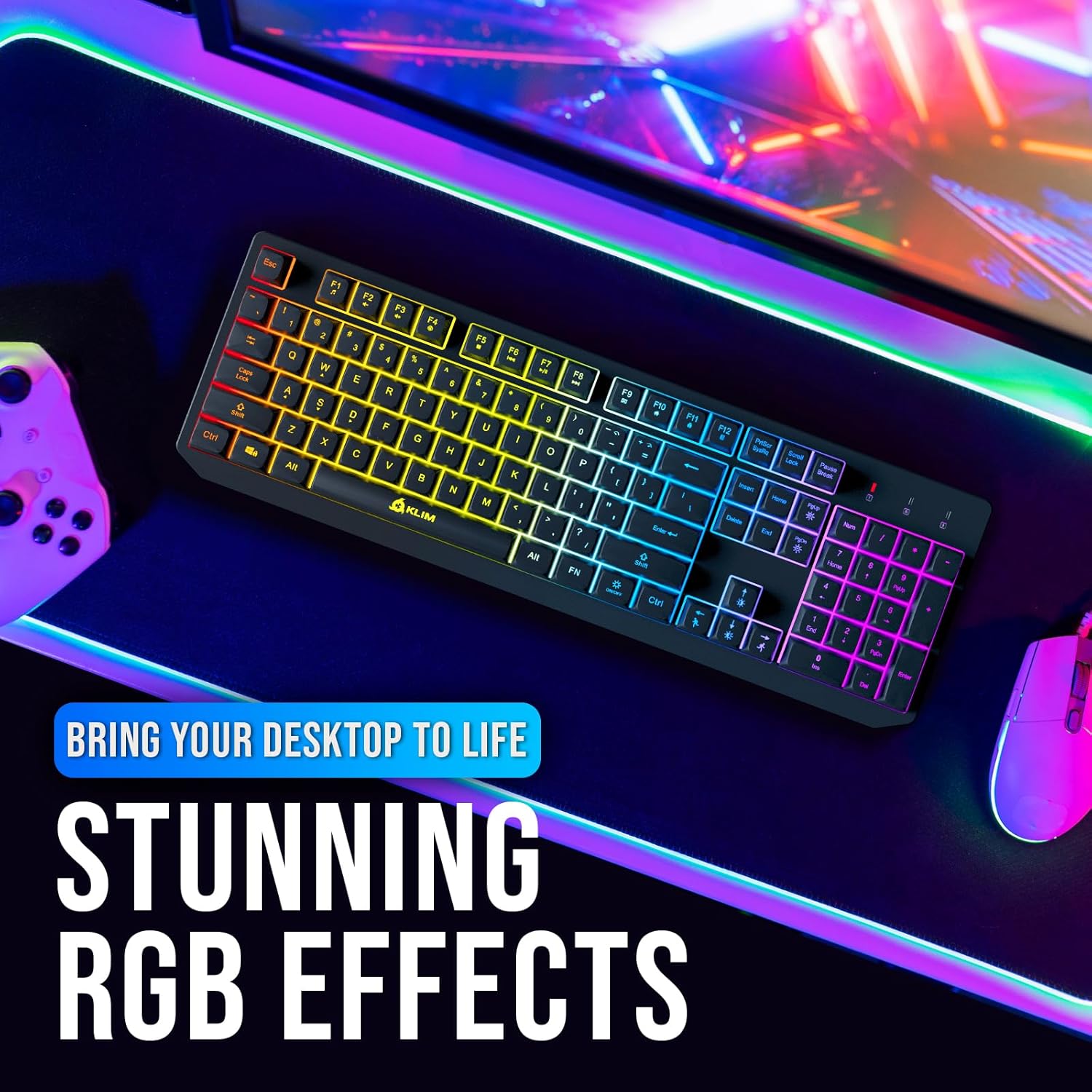 KLIM Chroma Wireless Gaming Keyboard RGB New - Long-Lasting Rechargeable Battery - Quick and Quiet Typing - Water Resistant Backlit Wireless Keyboard for PC PS5 PS4 Mac - Black