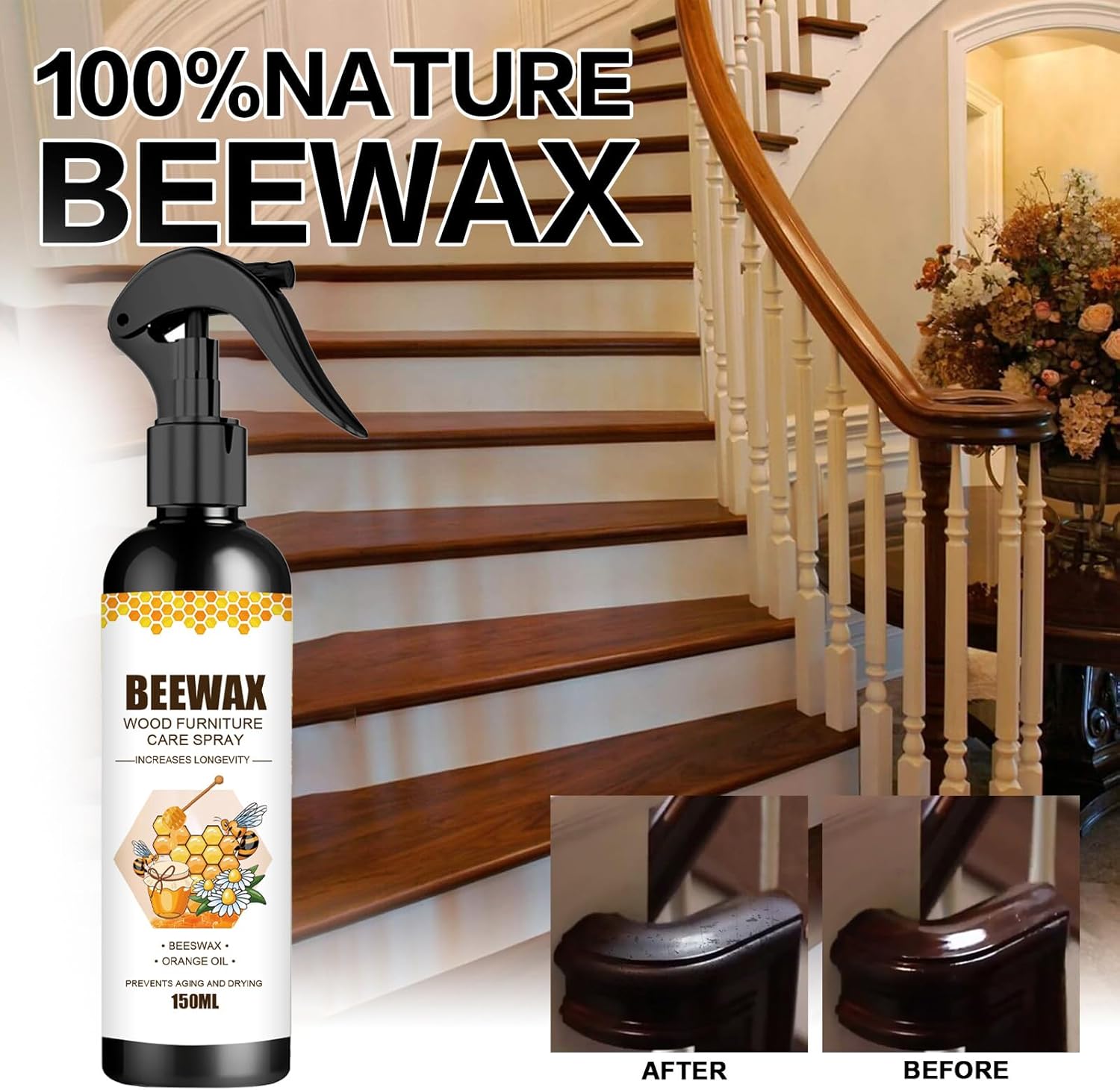 MOODTALK Natural Beeswax Furniture Care Spray, Original Beeswax Cleaner & Polish, 150 mL, Pack of 2