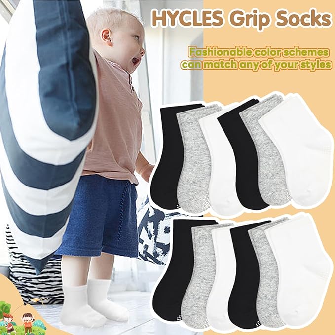 HYCLES Toddler Socks Kids Grip Socks Non Slip 12 Pairs Boy/Girl High Ankle Sticky Floor Socks For 1-10 Years Kids