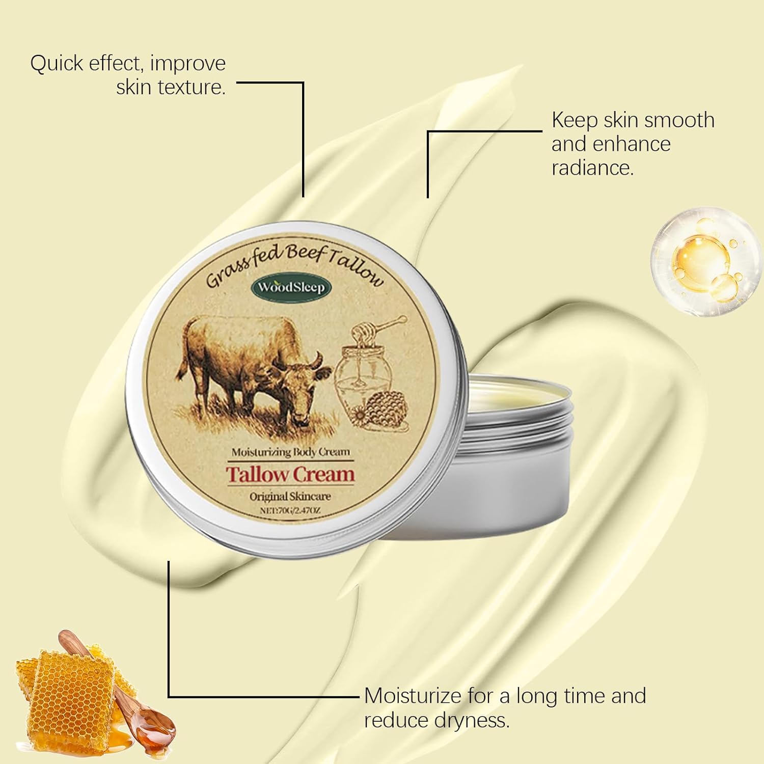 Beef Tallow for Skin, 2.5oz 1Pack Tallow Face Moisturizer, Beef Tallow Balm with Raw Honey Moisturizing Cream for Body Lotion SkinCare