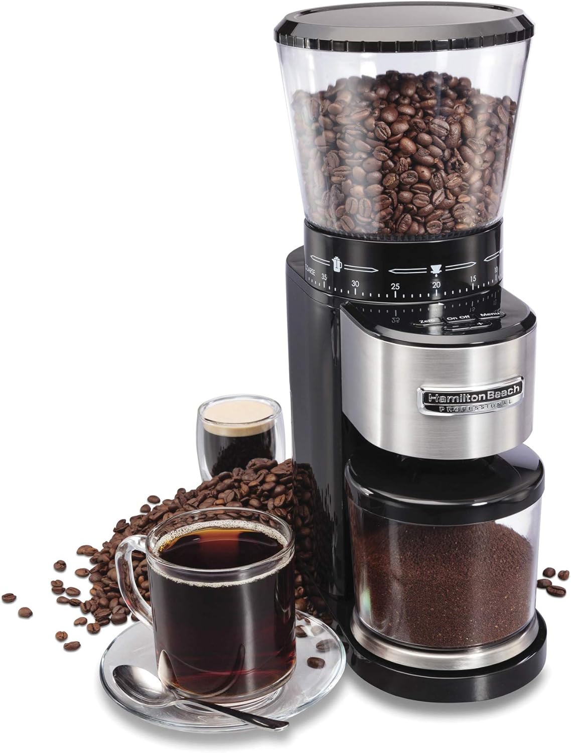 Hamilton Beach Professional Conical Burr Digital Coffee Grinder, 39 adjustable grind settings, Stainless steel conical burr, Black, 80405