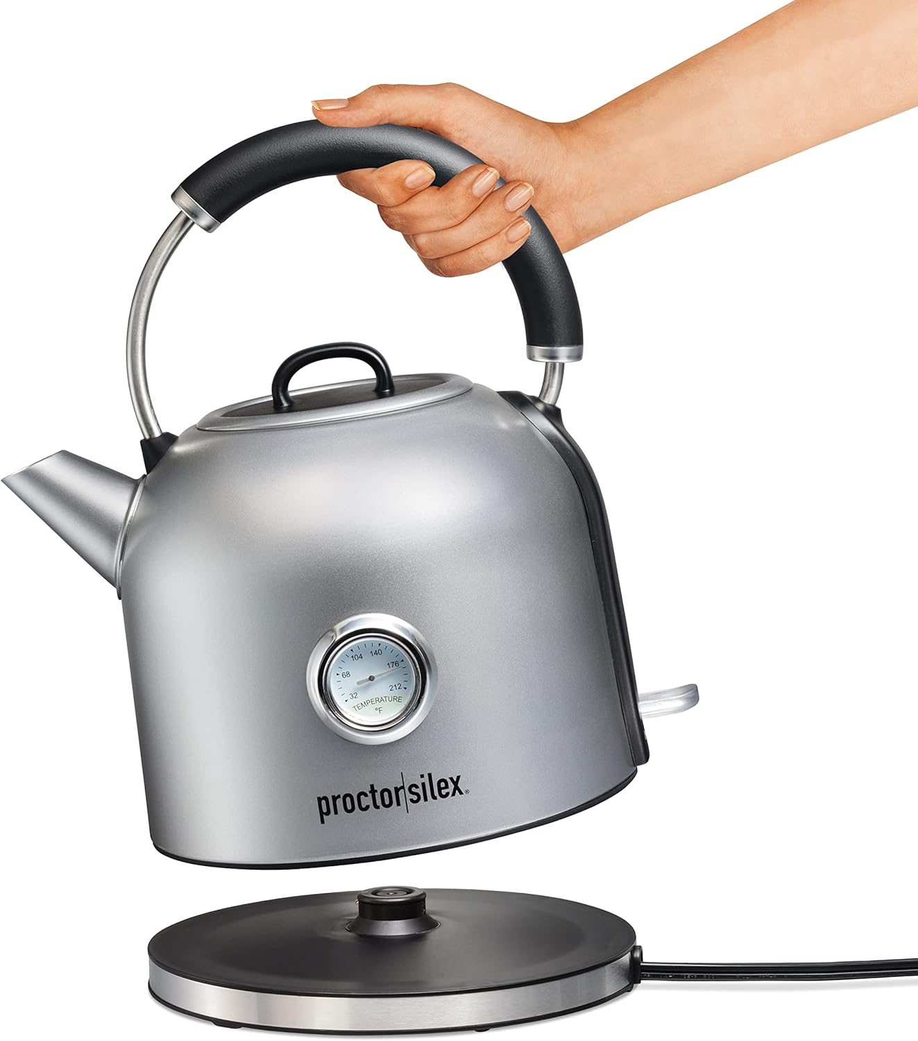 Proctor Silex Electric Dome Kettle, 1.7 Liter Capacity, Temperature Gauge, Stainless Steel, 41035C Grey