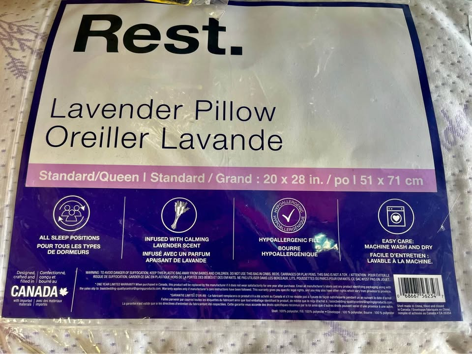 Rest. Lavender Infused Pillow – Standard/Queen Size 20 x 28 in (51 x 71 cm) Hypoallergenic Machine Washable Pillow
