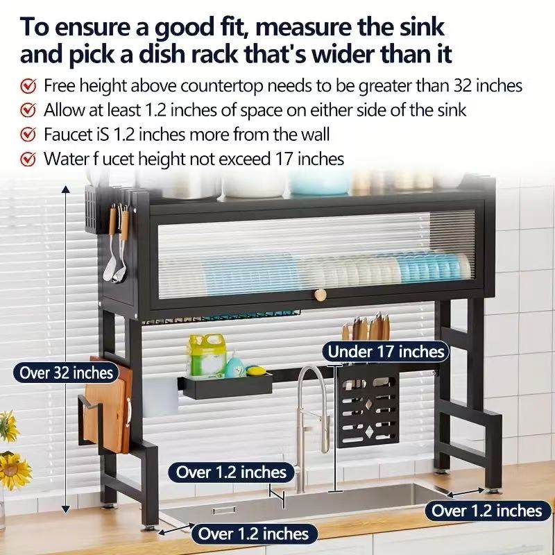 Over The Sink Dish Drying Rack, 2 Tier Adjustable Kitchen Dish Drainer, Home Storage Organizer Shelf Above Counter with Hooks(Color : Black, Size : 108x30x80cm)