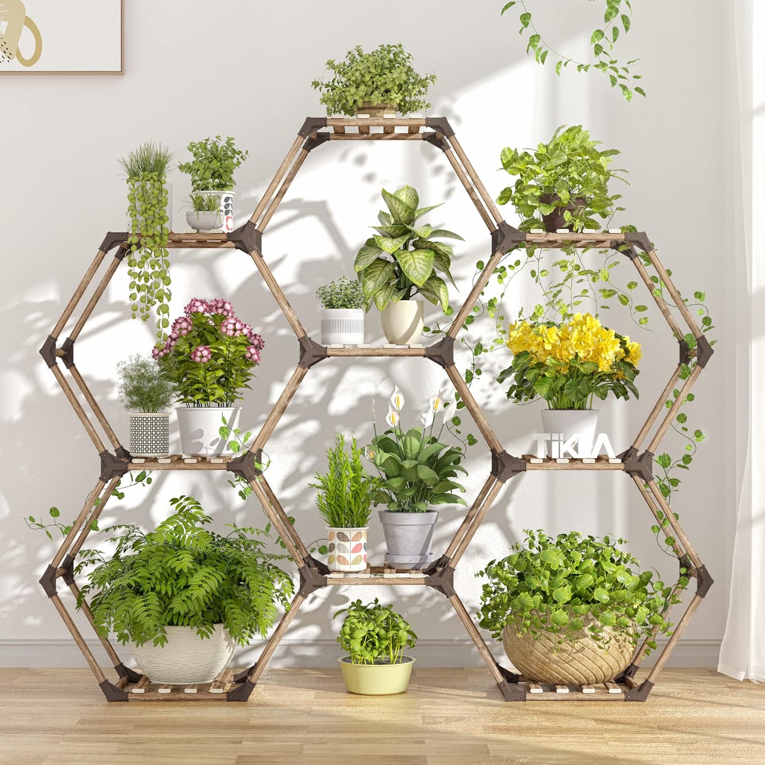 Tikea Hexagonal Plant Stand Indoor Plant Stand for Multiple Plants Outdoor Large Wooden Plant Shelf 6 Tiered 9 Potted Plant Holder Flowers Stand for Patio Balcony Window Living Room