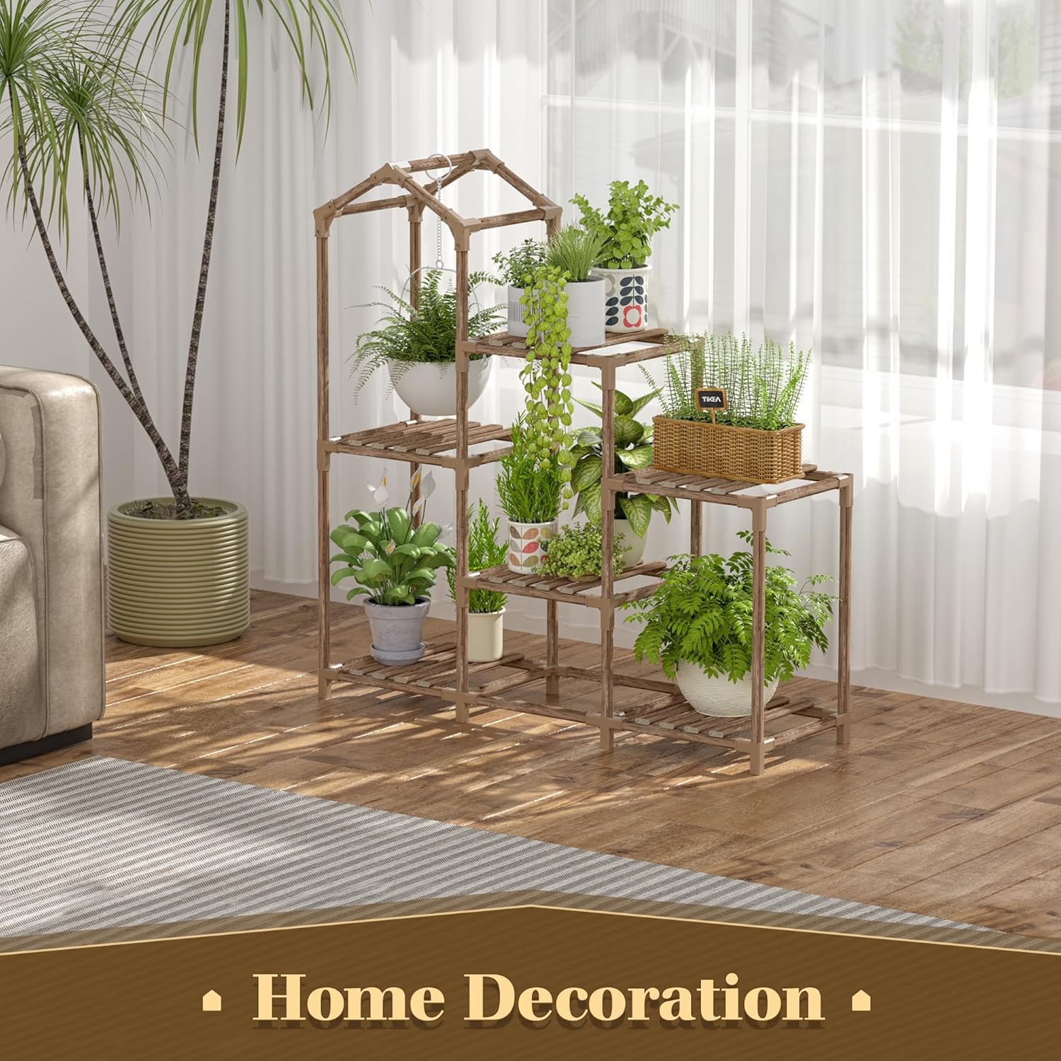 Tikea Plant Stand Indoor Outdoor Castle-shaped Plant Stand for Multiple Plants Wooden Plant Shelf Organizer Display Flowers Rack for Corner Living Room Balcony Patio (Model A 6 Tiers)