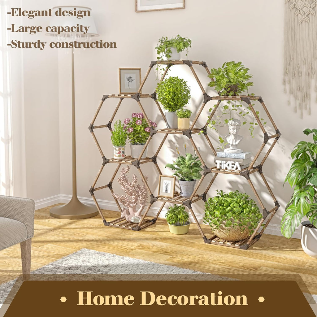 Tikea Hexagonal Plant Stand Indoor Plant Stand for Multiple Plants Outdoor Large Wooden Plant Shelf 6 Tiered 9 Potted Plant Holder Flowers Stand for Patio Balcony Window Living Room