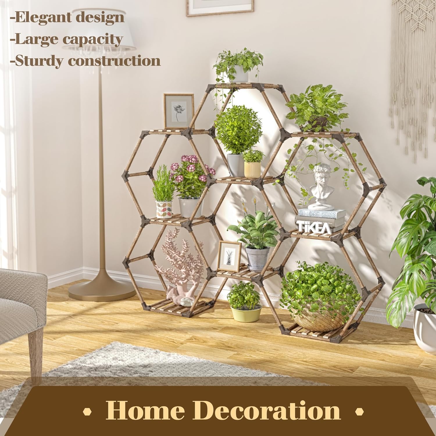 Tikea Hexagonal Plant Stand Indoor Plant Stand for Multiple Plants Outdoor Large Wooden Plant Shelf 6 Tiered 9 Potted Plant Holder Flowers Stand for Patio Balcony Window Living Room