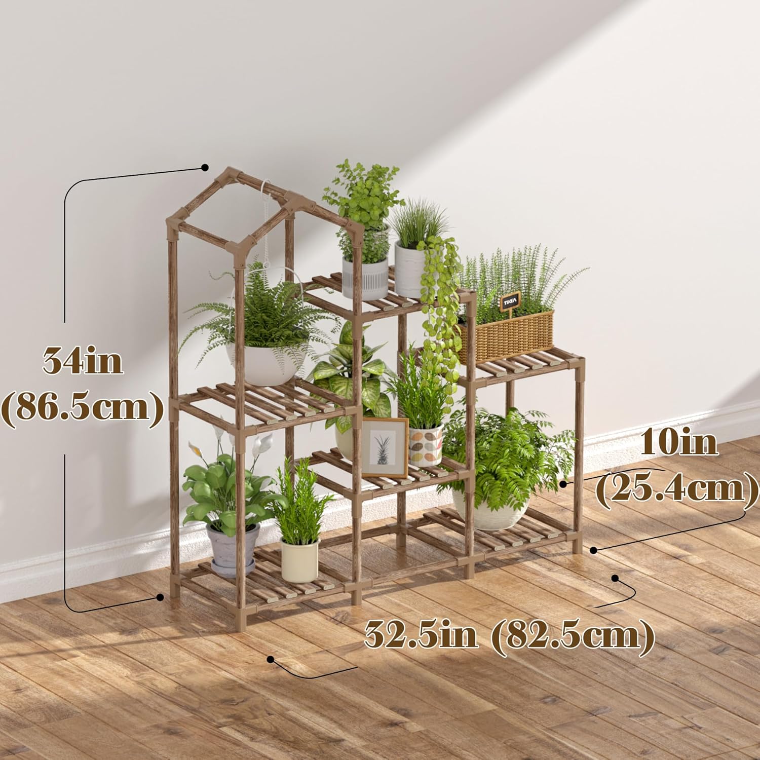 Tikea Plant Stand Indoor Outdoor Castle-shaped Plant Stand for Multiple Plants Wooden Plant Shelf Organizer Display Flowers Rack for Corner Living Room Balcony Patio (Model A 6 Tiers)