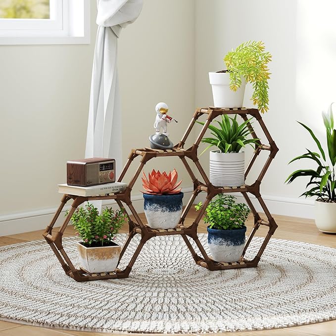 Tikea Plant Stand Indoor Outdoor Hexagonal Corner Plant Stand for Succulents Small Plants Wooden Plant Shelf 7 Tiered Creative DIY Flowers Stand Rack for Living Room Balcony Patio Window