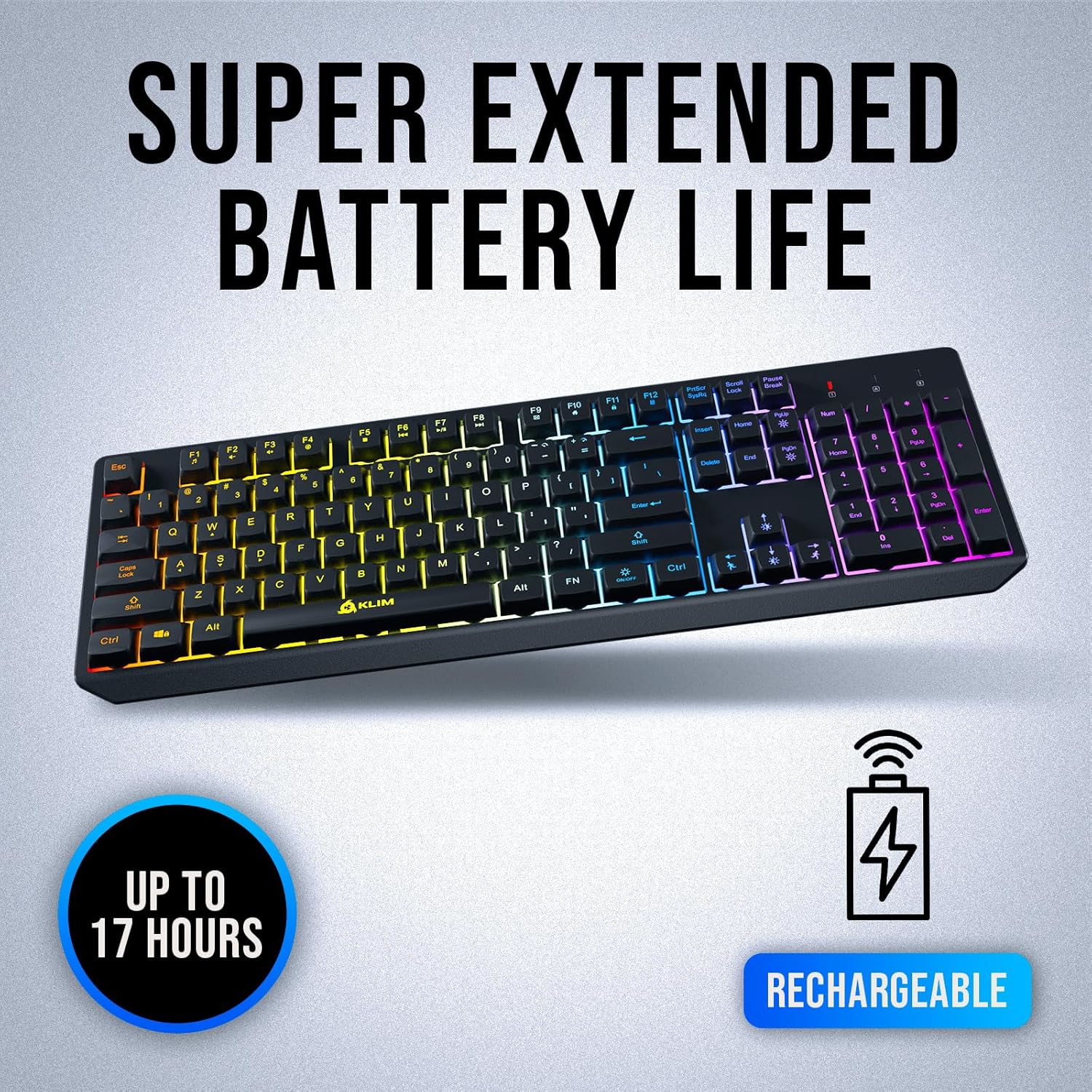 KLIM Chroma Wireless Gaming Keyboard RGB New - Long-Lasting Rechargeable Battery - Quick and Quiet Typing - Water Resistant Backlit Wireless Keyboard for PC PS5 PS4 Mac - Black