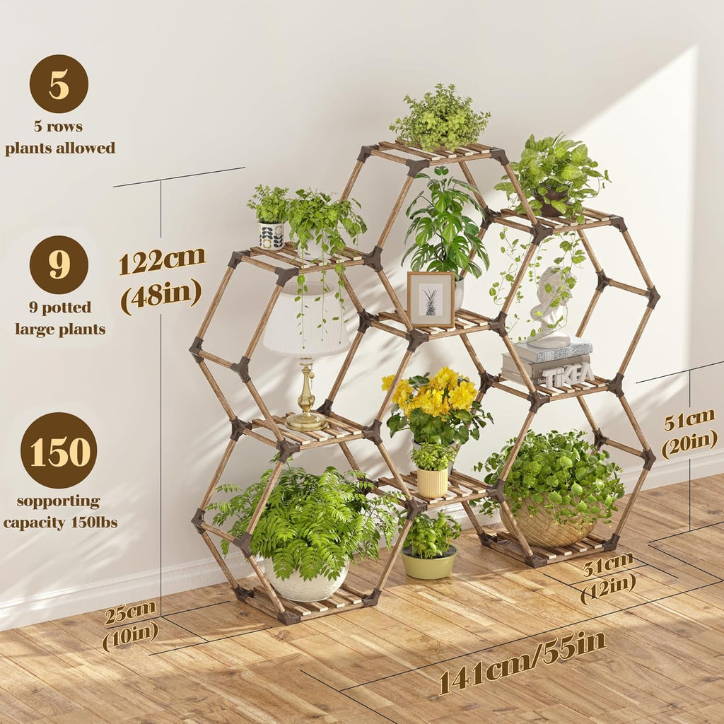 Tikea Hexagonal Plant Stand Indoor Plant Stand for Multiple Plants Outdoor Large Wooden Plant Shelf 6 Tiered 9 Potted Plant Holder Flowers Stand for Patio Balcony Window Living Room