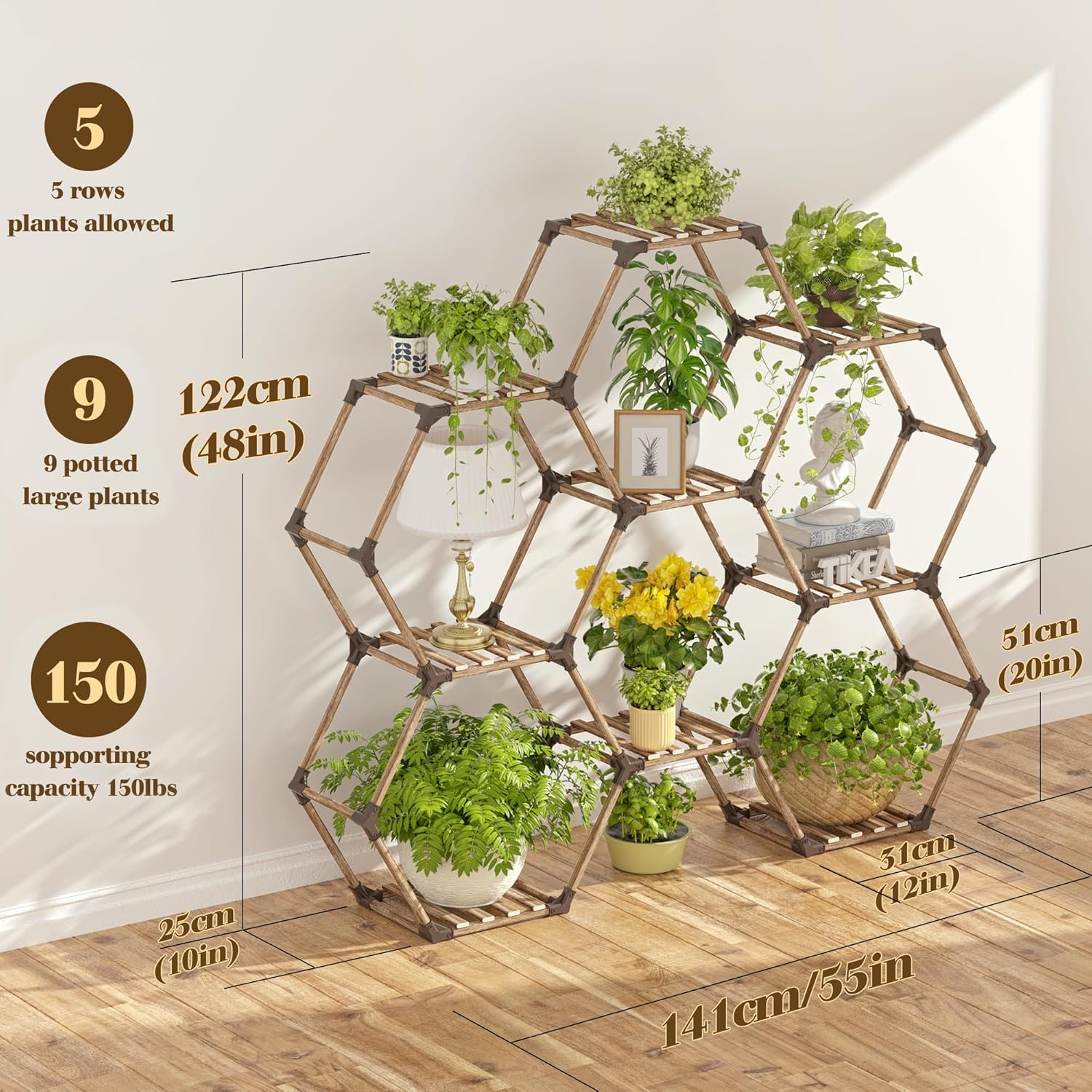 Tikea Hexagonal Plant Stand Indoor Plant Stand for Multiple Plants Outdoor Large Wooden Plant Shelf 6 Tiered 9 Potted Plant Holder Flowers Stand for Patio Balcony Window Living Room