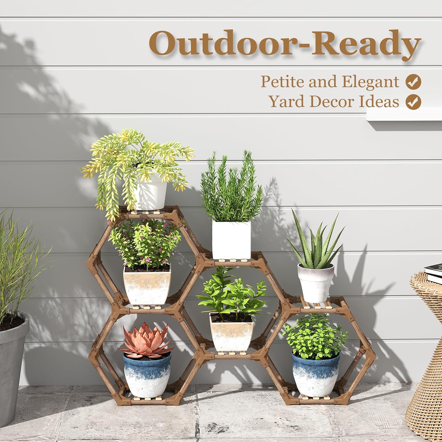 Tikea Plant Stand Indoor Outdoor Hexagonal Corner Plant Stand for Succulents Small Plants Wooden Plant Shelf 7 Tiered Creative DIY Flowers Stand Rack for Living Room Balcony Patio Window