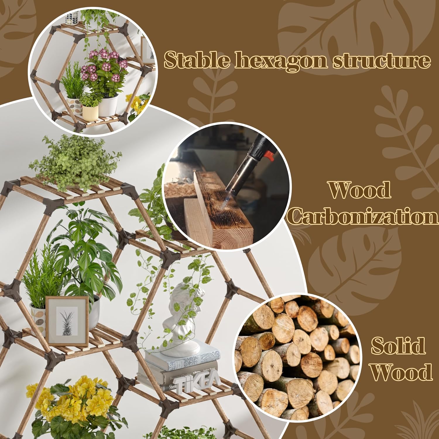 Tikea Hexagonal Plant Stand Indoor Plant Stand for Multiple Plants Outdoor Large Wooden Plant Shelf 6 Tiered 9 Potted Plant Holder Flowers Stand for Patio Balcony Window Living Room