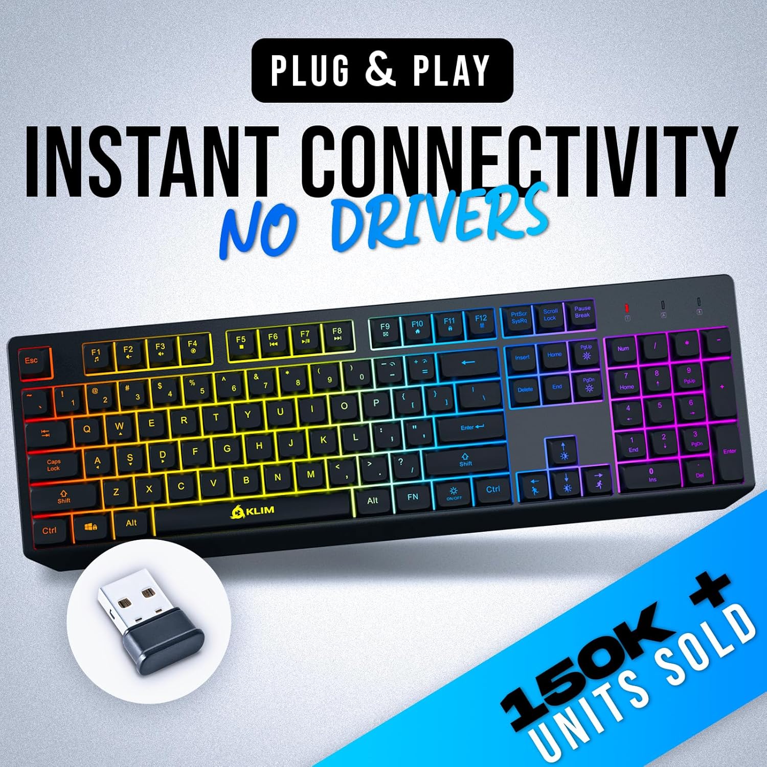 KLIM Chroma Wireless Gaming Keyboard RGB New - Long-Lasting Rechargeable Battery - Quick and Quiet Typing - Water Resistant Backlit Wireless Keyboard for PC PS5 PS4 Mac - Black